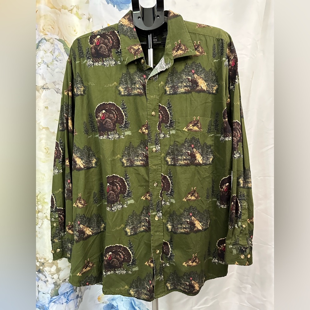 Cotton Traders Sport Green Casual Button Down Shirt Turkeys Unique Fun Fall